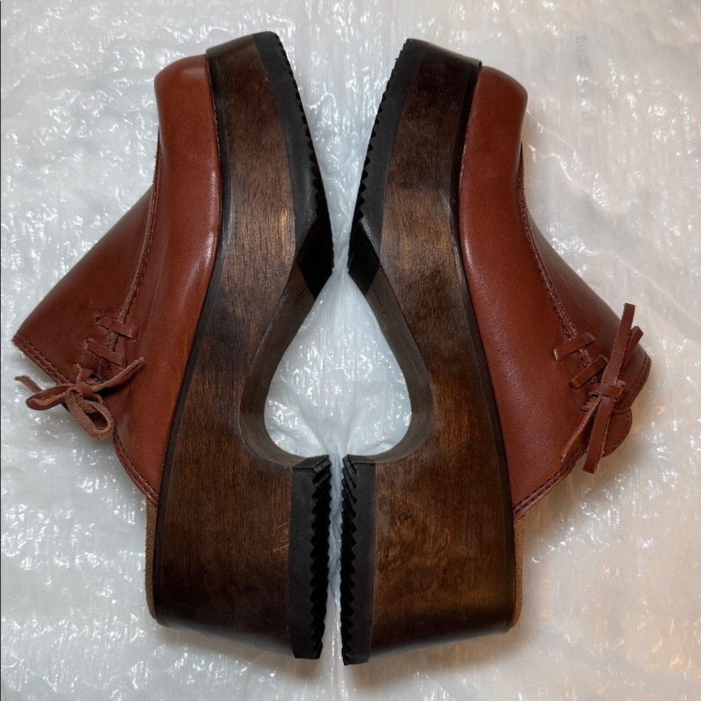 Vintage 90’s Candie's Brown Leather Platform Clogs Wood Heel Boho NWOT Size 6 - Picture 6 of 16